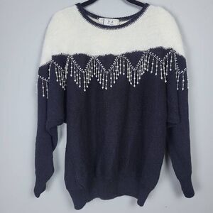 Vintage P A International Womens Angora Sweater Black Sz Large Rhinestone Pearls